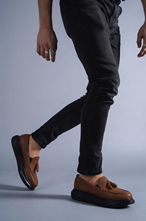 J818 Bağcıksız Ortopedik Taban Erkek Günlük Corcik Püsküllü Klasik Ayakkabı ST Taba