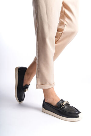 HIRA Bağcıksız Ortopedik Rahat Taban Çiçek Desenli Kadın Babet Ayakkabı KT Siyah