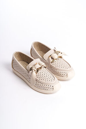 HANDY Bağcıksız Ortopedik Rahat Taban Kalp Desenli Kadın Babet Ayakkabı KT Krem