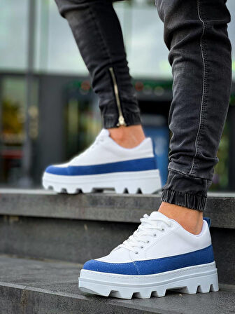 J056 Bağcıklı Ortopedik Taban Günlük Cilt Süet Erkek Spor Sneaker Ayakkabı BT Beyaz/Mavi