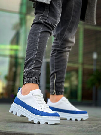 J056 Bağcıklı Ortopedik Taban Günlük Cilt Süet Erkek Spor Sneaker Ayakkabı BT Beyaz/Mavi