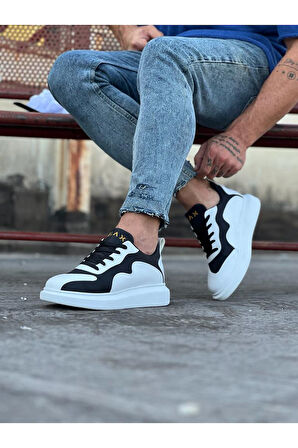 J301 Bağcıklı Ortopedik Taban Erkek Sneaker Günlük Ayakkabı BT Beyaz/Siyah