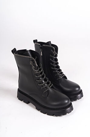 LUNA Bağcıklı Fermuarlı Ortopedik Taban Suya ve Soğuğa Dayanıklı Taşlı Kadın Bot ST Siyah