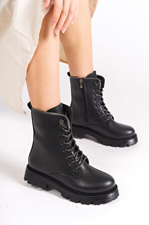 LUNA Bağcıklı Fermuarlı Ortopedik Taban Suya ve Soğuğa Dayanıklı Taşlı Kadın Bot ST Siyah