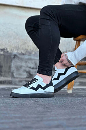 J160 Bağcıklı Ortopedik Taban Erkek Sneaker Günlük Ayakkabı ST Beyaz/Siyah