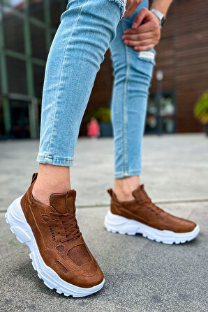 J089 Low Top Lace Up Ortopedik Taban Günlük Cilt Erkek Sneaker Spor Ayakkabı CBT Taba