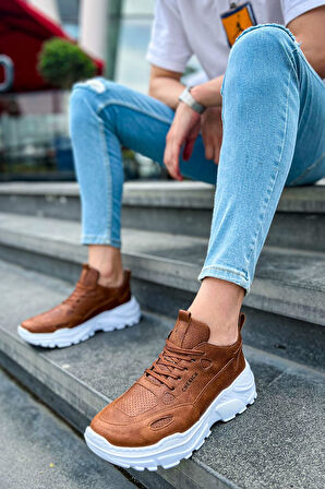 J089 Low Top Lace Up Ortopedik Taban Günlük Cilt Erkek Sneaker Spor Ayakkabı CBT Taba