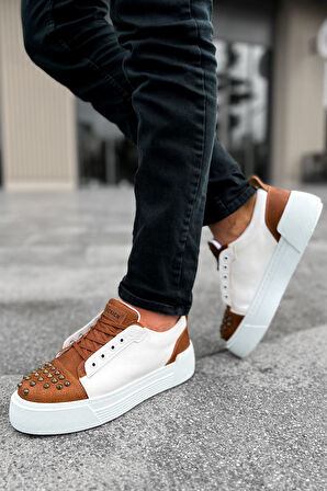 J169 Thorn Ortopedik Taban Günlük Cilt Erkek Sneaker Spor Ayakkabı CBT Taba/Beyaz