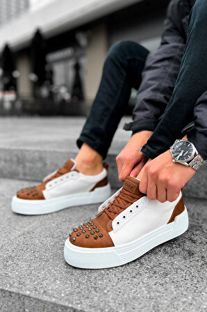 J169 Thorn Ortopedik Taban Günlük Cilt Erkek Sneaker Spor Ayakkabı CBT Taba/Beyaz