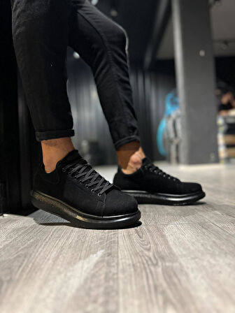 J044 Bağcıklı Ortopedik Taban Erkek Günlük Süet Sneaker Spor Ayakkabı ST Siyah