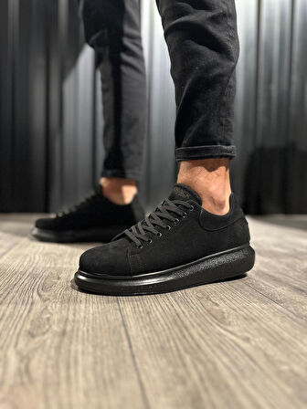 J044 Bağcıklı Ortopedik Taban Erkek Günlük Süet Sneaker Spor Ayakkabı ST Siyah