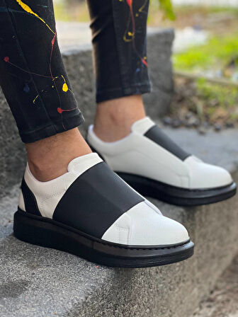 J040 Bağcıksız Kalın Lastikli Ortopedik Taban Günlük Erkek Spor Sneaker Ayakkabı ST Beyaz/Siyah