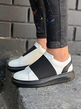 J040 Bağcıksız Kalın Lastikli Ortopedik Taban Günlük Erkek Spor Sneaker Ayakkabı ST Beyaz/Siyah