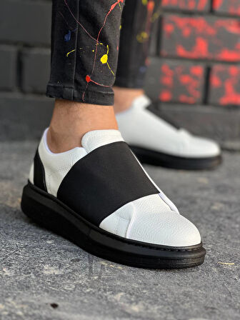 J040 Bağcıksız Kalın Lastikli Ortopedik Taban Günlük Erkek Spor Sneaker Ayakkabı ST Beyaz/Siyah