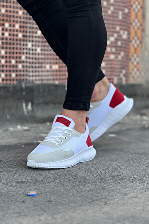 J063 Bağcıklı Ortopedik Taban Triko Erkek Sneaker Günlük Spor Ayakkabı BT Beyaz/Kırmızı