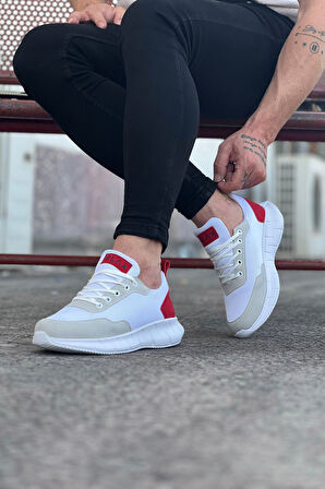 J063 Bağcıklı Ortopedik Taban Triko Erkek Sneaker Günlük Spor Ayakkabı BT Beyaz/Kırmızı