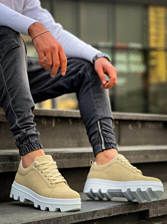 J056 Bağcıklı Ortopedik Taban Günlük Süet Erkek Spor Sneaker Ayakkabı BT Bej