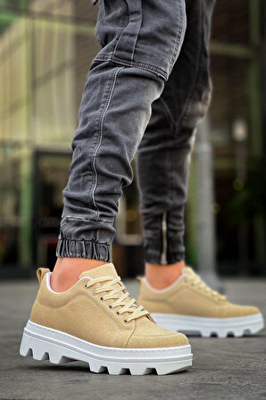 J056 Bağcıklı Ortopedik Taban Günlük Süet Erkek Spor Sneaker Ayakkabı BT Bej