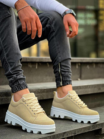 J056 Bağcıklı Ortopedik Taban Günlük Süet Erkek Spor Sneaker Ayakkabı BT Bej