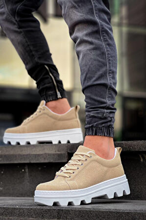 J056 Bağcıklı Ortopedik Taban Günlük Süet Erkek Spor Sneaker Ayakkabı BT Bej