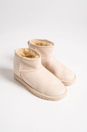 BLISS Bağcıksız Düz Taban İçi Kürklü Kısa Süet Kadın Bot KT Krem