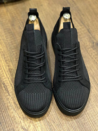 J112 Bağcıklı Ortopedik Taban Triko Erkek Spor Sneaker Ayakkabı ST Siyah