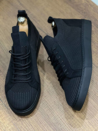 J112 Bağcıklı Ortopedik Taban Triko Erkek Spor Sneaker Ayakkabı ST Siyah