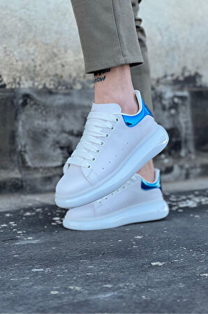J095 Bağcıklı Ortopedik Taban Erkek Sneaker Günlük Ayakkabı BT Beyaz/Mavi