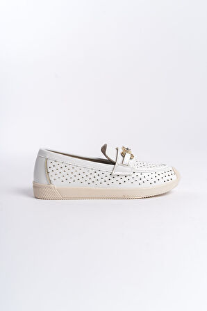 HIRA Bağcıksız Ortopedik Rahat Taban Kalp Desenli Kadın Babet Ayakkabı KT Beyaz