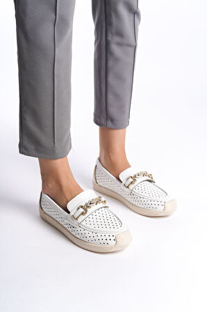 HIRA Bağcıksız Ortopedik Rahat Taban Kalp Desenli Kadın Babet Ayakkabı KT Beyaz