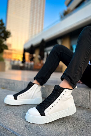 J167 Blazer Bağcıklı Fermuarlı Ortopedik Taban Günlük Cilt Erkek Spor Bot CBT Beyaz/Siyah