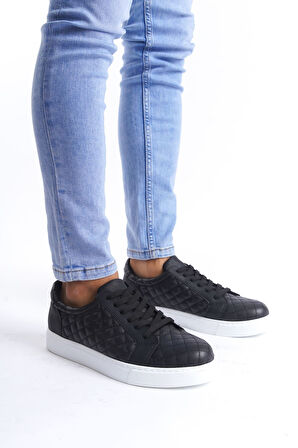 J166 Prestige Bağcıklı Cilt Kapitone Desenli Erkek Günlük Sneaker Ayakkabı BT Siyah