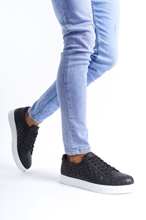 J166 Prestige Bağcıklı Cilt Kapitone Desenli Erkek Günlük Sneaker Ayakkabı BT Siyah