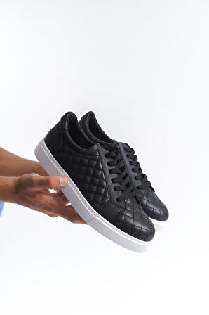 J166 Prestige Bağcıklı Cilt Kapitone Desenli Erkek Günlük Sneaker Ayakkabı BT Siyah