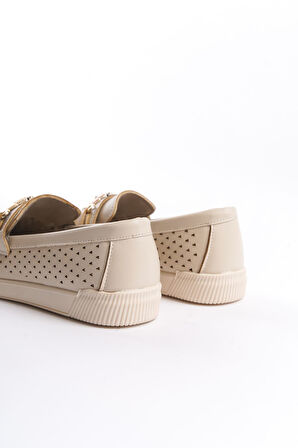 HIRA Bağcıksız Ortopedik Rahat Taban Kalp Desenli Kadın Babet Ayakkabı KT Krem