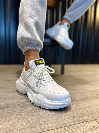 J-N75 Bağcıklı Ortopedik Taban Erkek Kapitone Desenli Günlük Sneaker Spor Ayakkabı BT Beyaz