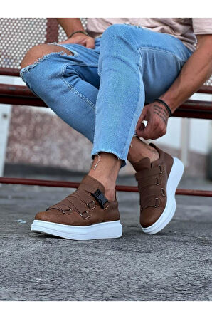 J033 Bağcıksız 4 Bant Lastikli Tokalı Ortopedik Taban Erkek Sneaker Günlük Ayakkabı BT Taba