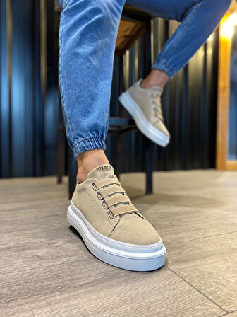 J521 Bağcıksız Lastikli 4 Bantlı Ortopedik Taban Erkek Günlük Süet Sneaker Spor Ayakkabı BT Vizon
