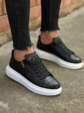 J-309 Bağcıklı Fermuarlı Ortopedik Taban Günlük Erkek Spor Sneaker Ayakkabı BT Siyah