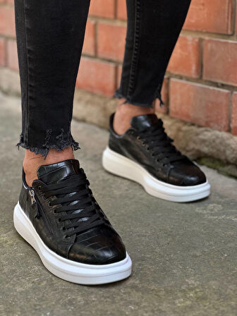 J-309 Bağcıklı Fermuarlı Ortopedik Taban Günlük Erkek Spor Sneaker Ayakkabı BT Siyah