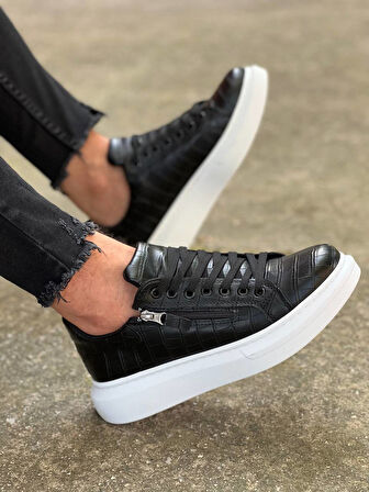 J-309 Bağcıklı Fermuarlı Ortopedik Taban Günlük Erkek Spor Sneaker Ayakkabı BT Siyah