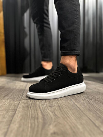 J044 Bağcıklı Ortopedik Taban Erkek Günlük Süet Sneaker Spor Ayakkabı BT Siyah