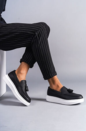 J154 Blaze Bağcıksız Püsküllü Cilt Erkek Günlük Spor Klasik Ayakkabı BT Siyah