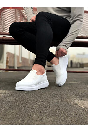 J049 Bağcıksız Lastikli Ortopedik Taban Erkek Sneaker Günlük Ayakkabı BT Beyaz