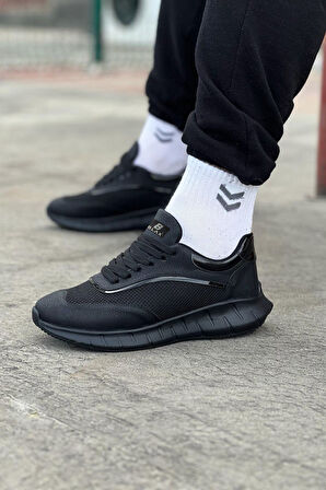 J062 Bağcıklı Ortopedik Taban Triko Erkek Sneaker Günlük Spor Ayakkabı ST Siyah