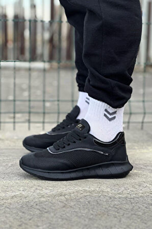 J062 Bağcıklı Ortopedik Taban Triko Erkek Sneaker Günlük Spor Ayakkabı ST Siyah