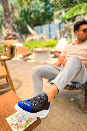 J251 Mirror Ortopedik Taban Günlük Cilt Erkek Sneaker Spor Ayakkabı CBT Siyah/Mavi