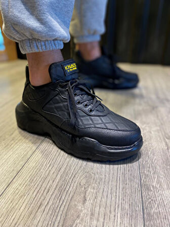 J-N75 Bağcıklı Ortopedik Taban Erkek Kapitone Desenli Günlük Sneaker Spor Ayakkabı ST Siyah