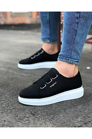 J026 Bağcıksız 3 Bant Lastikli Ortopedik Taban Erkek Sneaker Günlük Ayakkabı BT Siyah