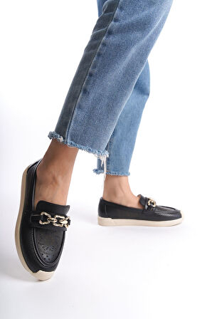 HAZEL Bağcıksız Ortopedik Rahat Taban Çiçek Desenli Kadın Babet Ayakkabı KT Siyah